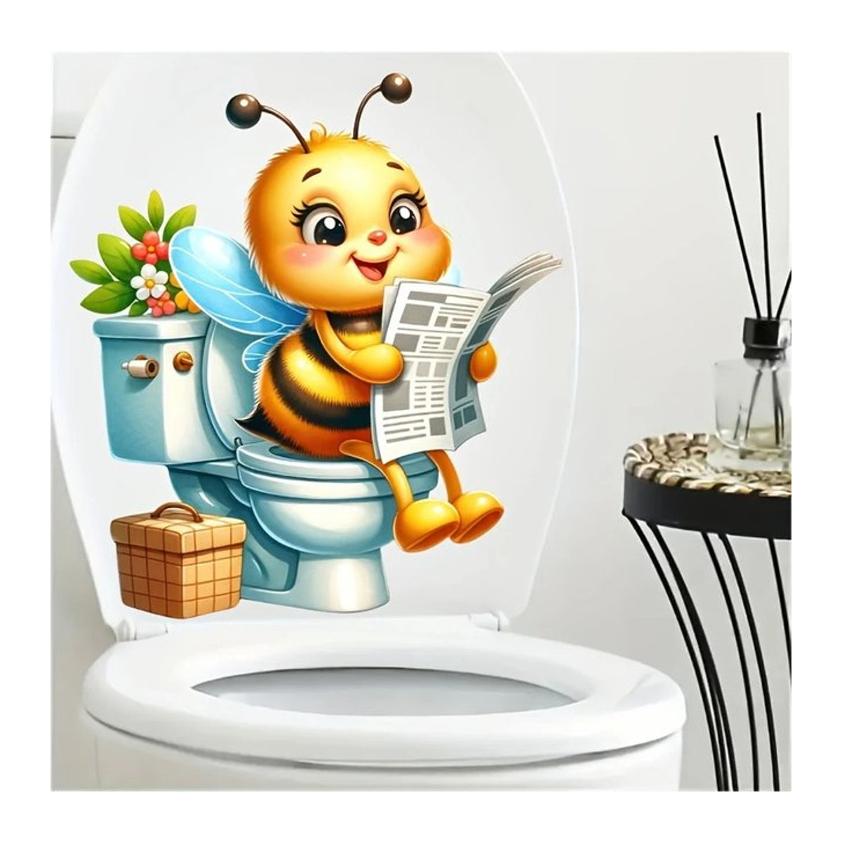 Selbstklebender Toilettensitz-Aufkleber Bee Reading Zeitung mit Tiermotiv für Badezimmer und Duschraum, mehrfarbig - Bild 1
