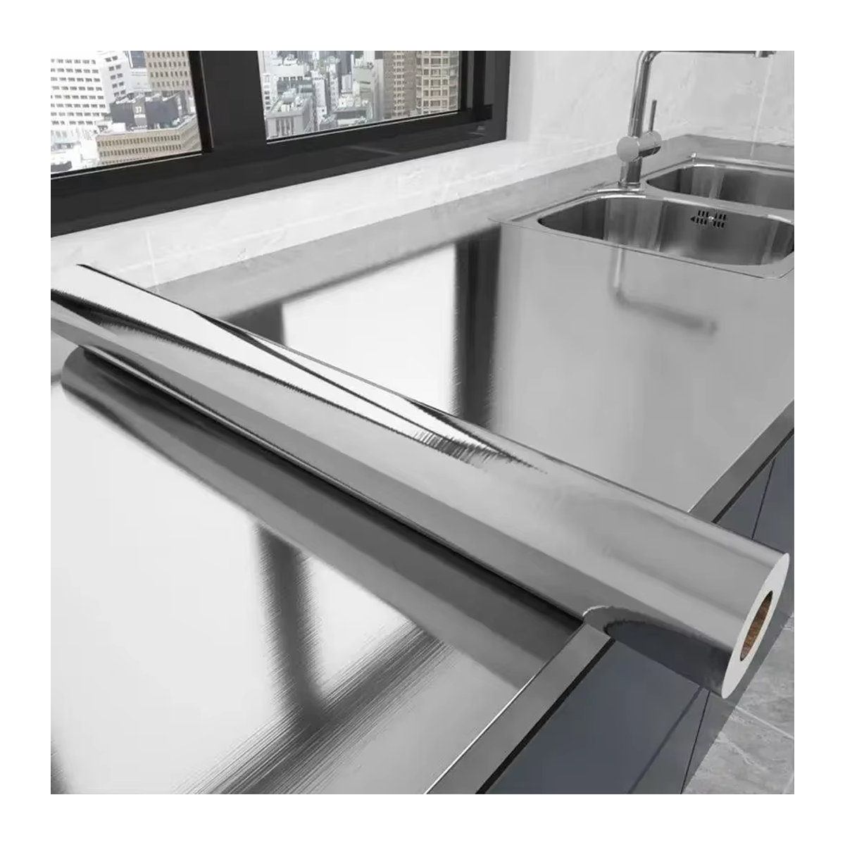 Selbstklebender Wandaufkleber aus gebürstetem Edelstahl in Silber von ctzsoop, Breite: 40 cm, wasserdicht und modern für Küche oder Wohnzimmer - Bild 3
