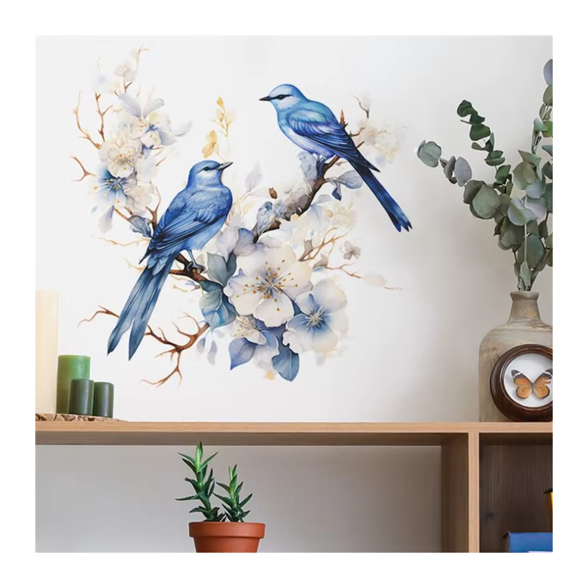 Selbstklebender Wandaufkleber mit floralem Design aus Zweigen, Blumen und Vögeln in Blau für dein Schlafzimmer, Wohnzimmer oder Foyer - Bild 2
