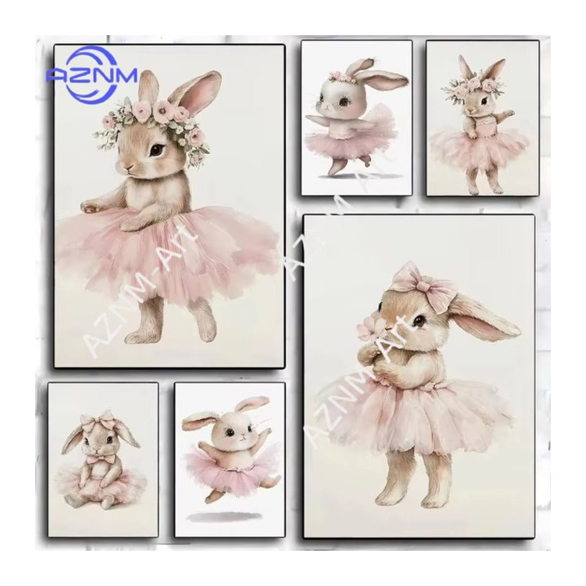 Selbstklebendes Ballerina-Hasen-Poster von AZNM in Rosa im Vintage-Stil für die Oster-Dekoration im Kinderzimmer - Bild 1