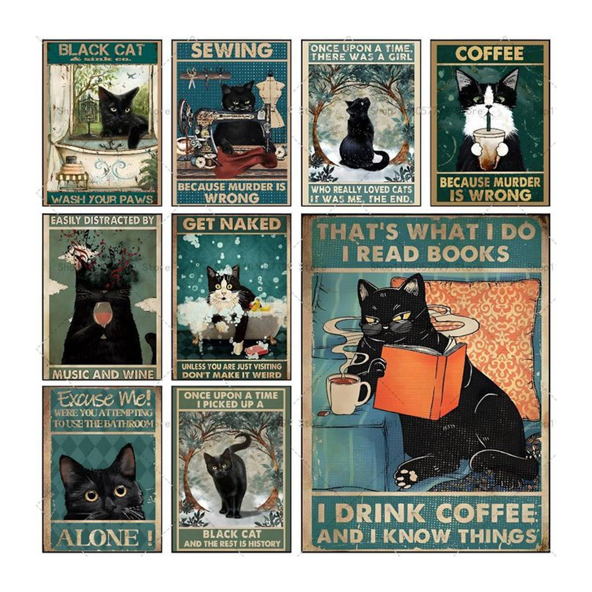 Selbstklebendes Katzen-Poster in Schwarz als wasserfestes Wandbild im Vintage-Stil für deine Raumdekoration - Bild 1