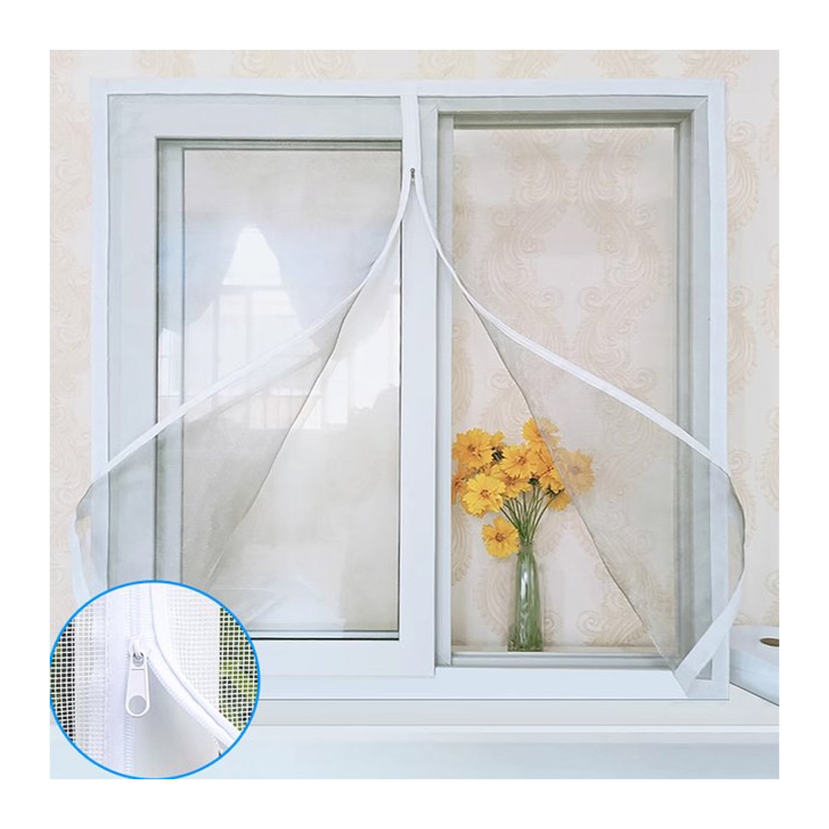 Selbstklebendes Moskitonetz mit Reißverschluss in Weiß als Insektenschutz-Fenstertürvorhang aus Tüll - Bild 1