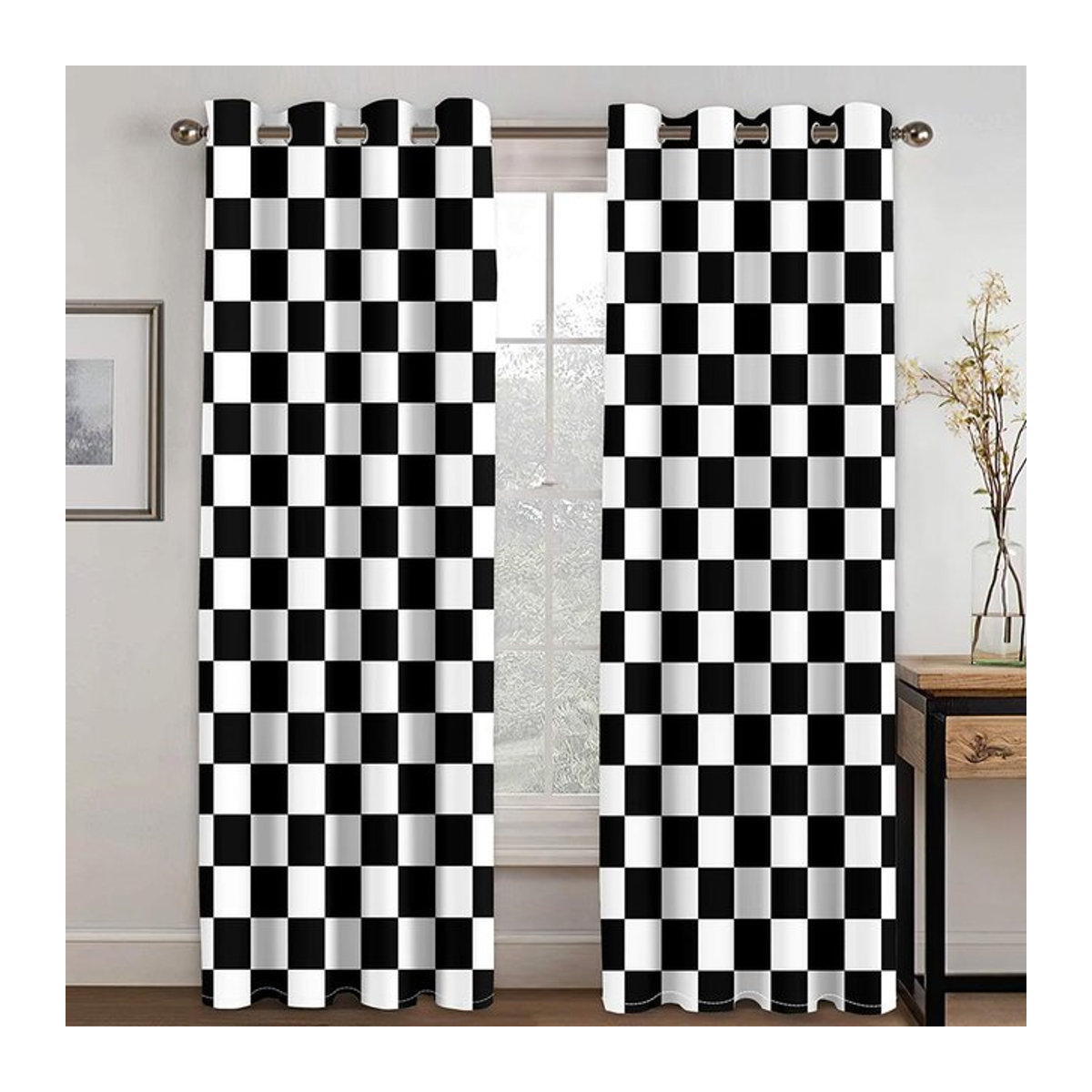 Semi-transparente Super Six Vorhänge mit geometrischem marokkanischem Druck in Grau und Weiß, Breite: 150 cm, Höhe: 166 cm - Bild 1