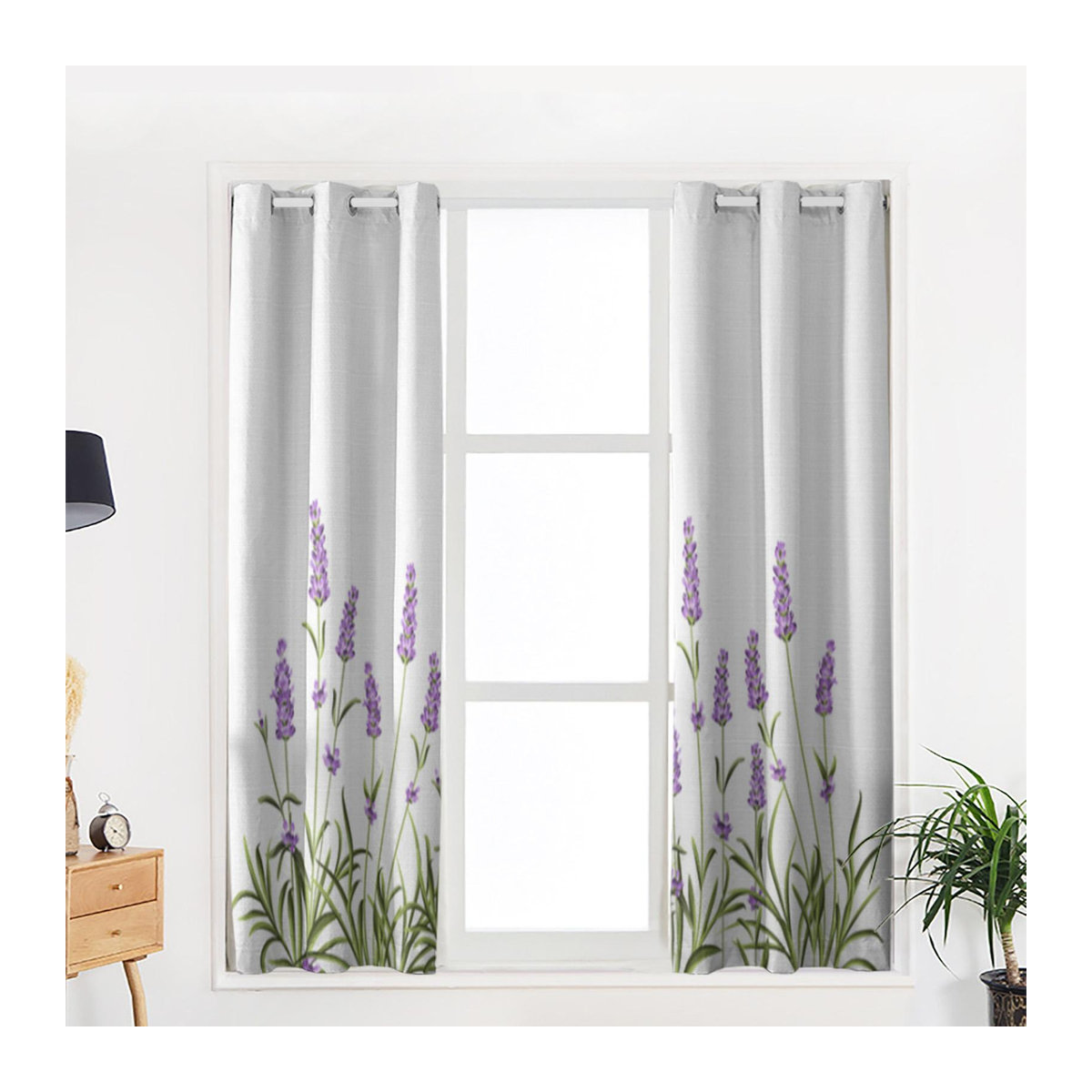 Semi-transparenter Fenstervorhang Super Six mit lila Lavendelblüten in Lila und Weiß, Breite: 135 cm, Höhe: 245 cm - Bild 1