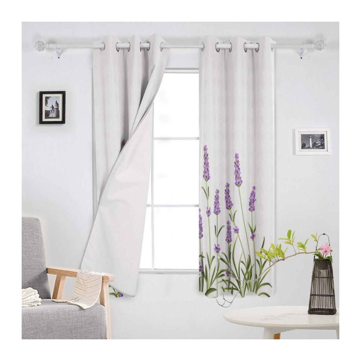 Semi-transparenter Fenstervorhang Super Six mit lila Lavendelblüten in Lila und Weiß, Breite: 135 cm, Höhe: 245 cm - Bild 2