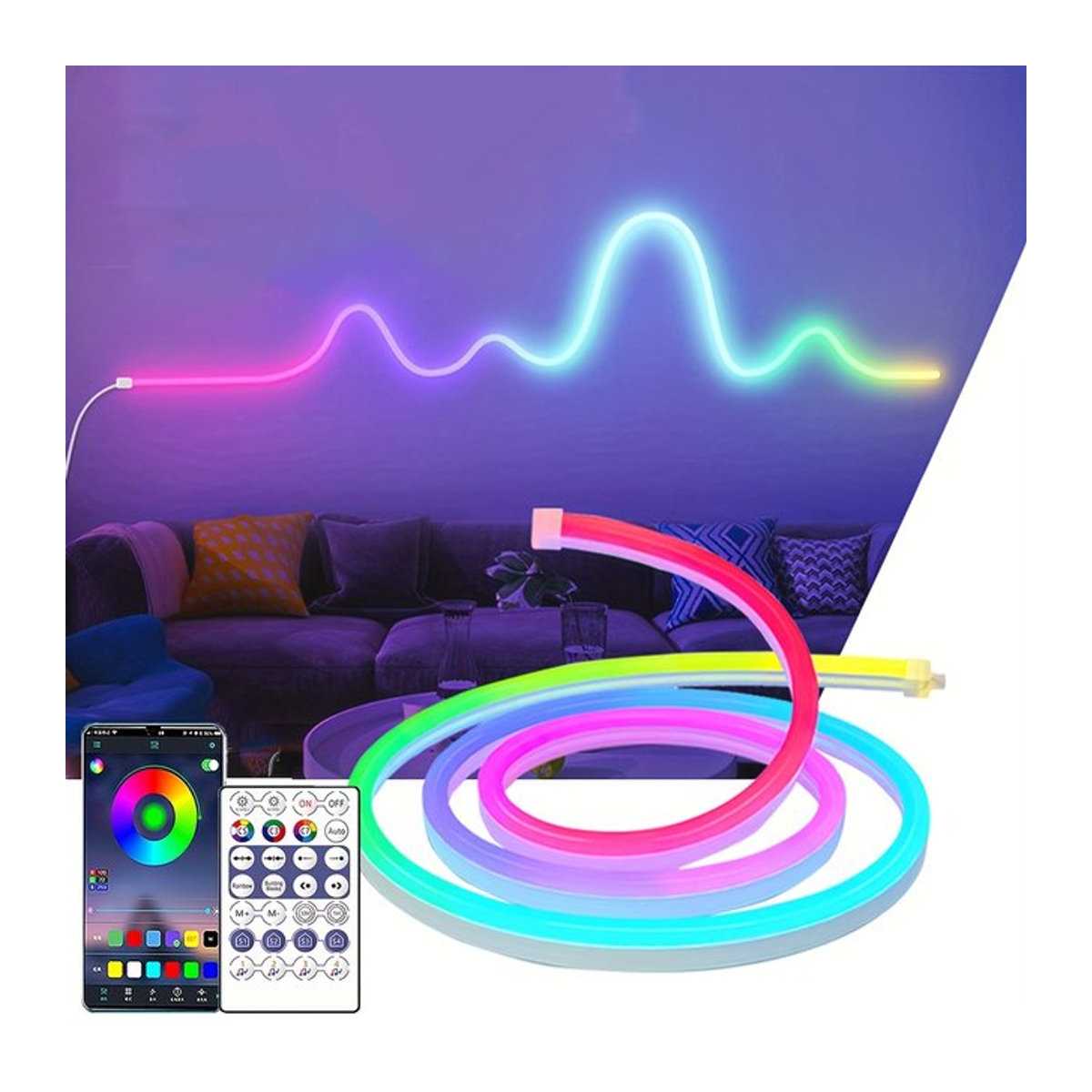 SerRickDon Intelligente RGBIC USB-Neon-LED-Streifenlichter in Bunt mit App-Steuerung und Musiksynchronisierung, wasserdichtes Neonseil mit dynamischen Effekten - Bild 1