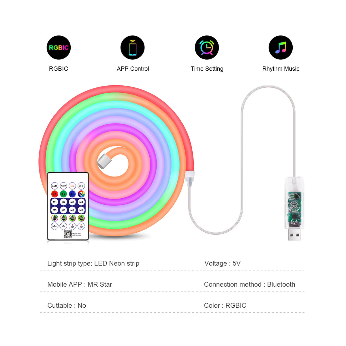 SerRickDon Intelligente RGBIC USB-Neon-LED-Streifenlichter in Bunt mit App-Steuerung und Musiksynchronisierung, wasserdichtes Neonseil mit dynamischen Effekten - Bild 2