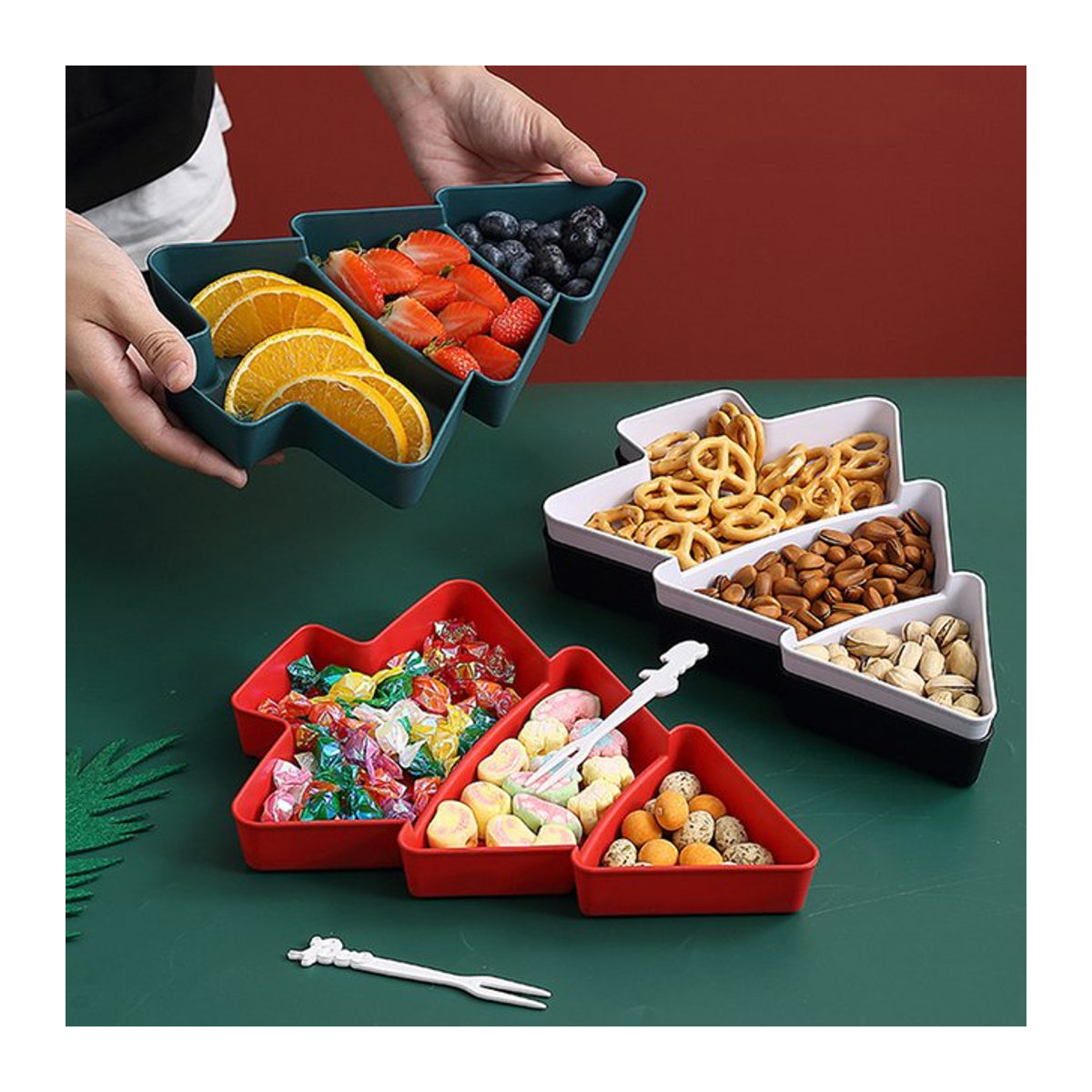 Servierplatte in Weihnachtsbaum-Form für Snacks und Desserts, mehrfarbig, Kunststoff - Bild 1