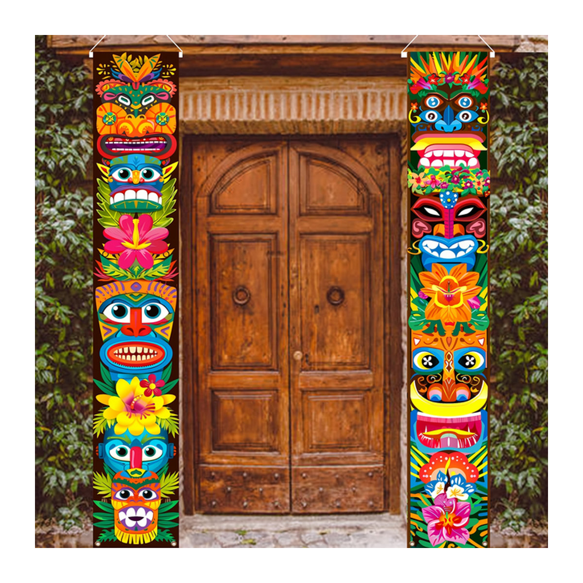 Set aus 2 farbenfrohen Tiki-Totem-Verandaschildern mit floralem Hibiskus-Design als hängende Partydekoration in Mehrfarbig - Bild 1