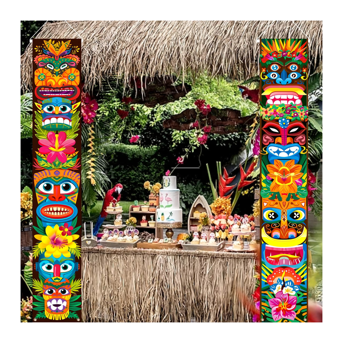 Set aus 2 farbenfrohen Tiki-Totem-Verandaschildern mit floralem Hibiskus-Design als hängende Partydekoration in Mehrfarbig - Bild 3