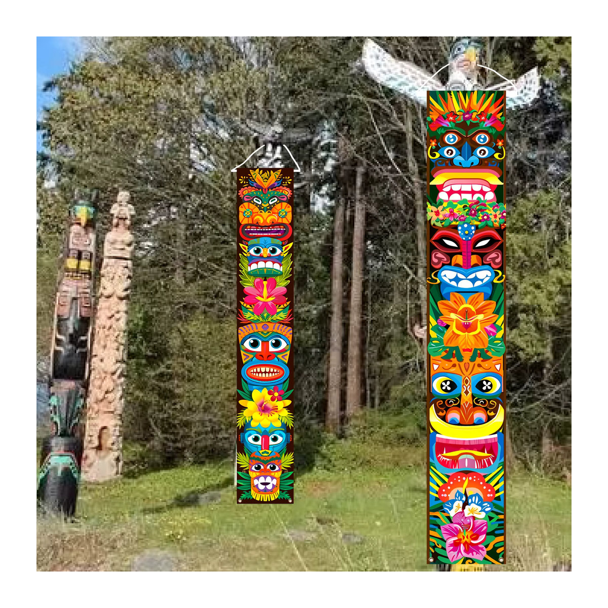 Set aus 2 farbenfrohen Tiki-Totem-Verandaschildern mit floralem Hibiskus-Design als hängende Partydekoration in Mehrfarbig - Bild 5