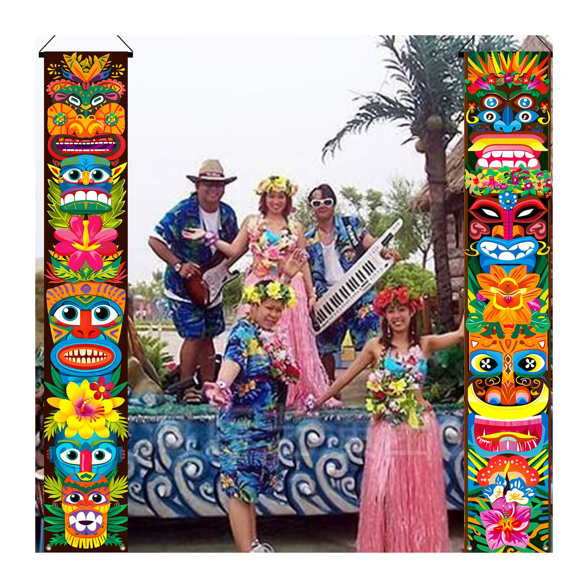 Set aus 2 farbenfrohen Tiki-Totem-Verandaschildern mit floralem Hibiskus-Design als hängende Partydekoration in Mehrfarbig - Bild 6