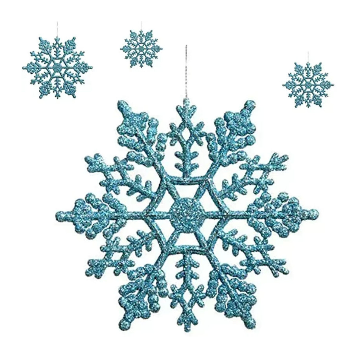 Set aus 24 Schneeflocken-Hängeornamenten in Weiß und Blau für Weihnachtsbaumdekoration aus Kunststoff mit Schnur - Bild 2