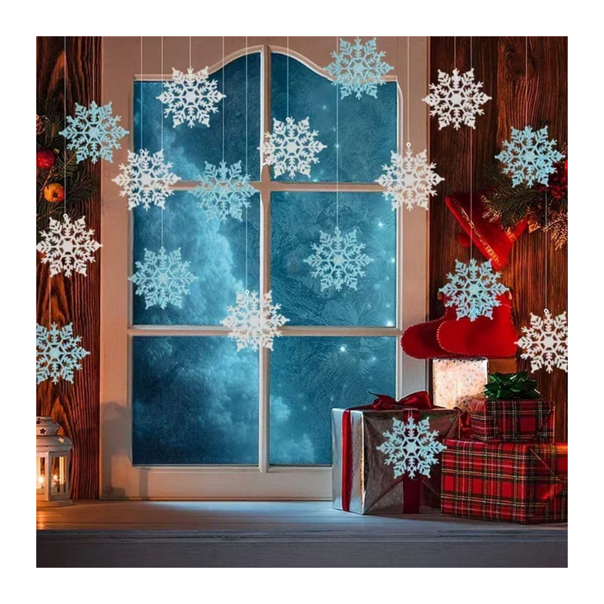 Set aus 24 Schneeflocken-Hängeornamenten in Weiß und Blau für Weihnachtsbaumdekoration aus Kunststoff mit Schnur - Bild 3