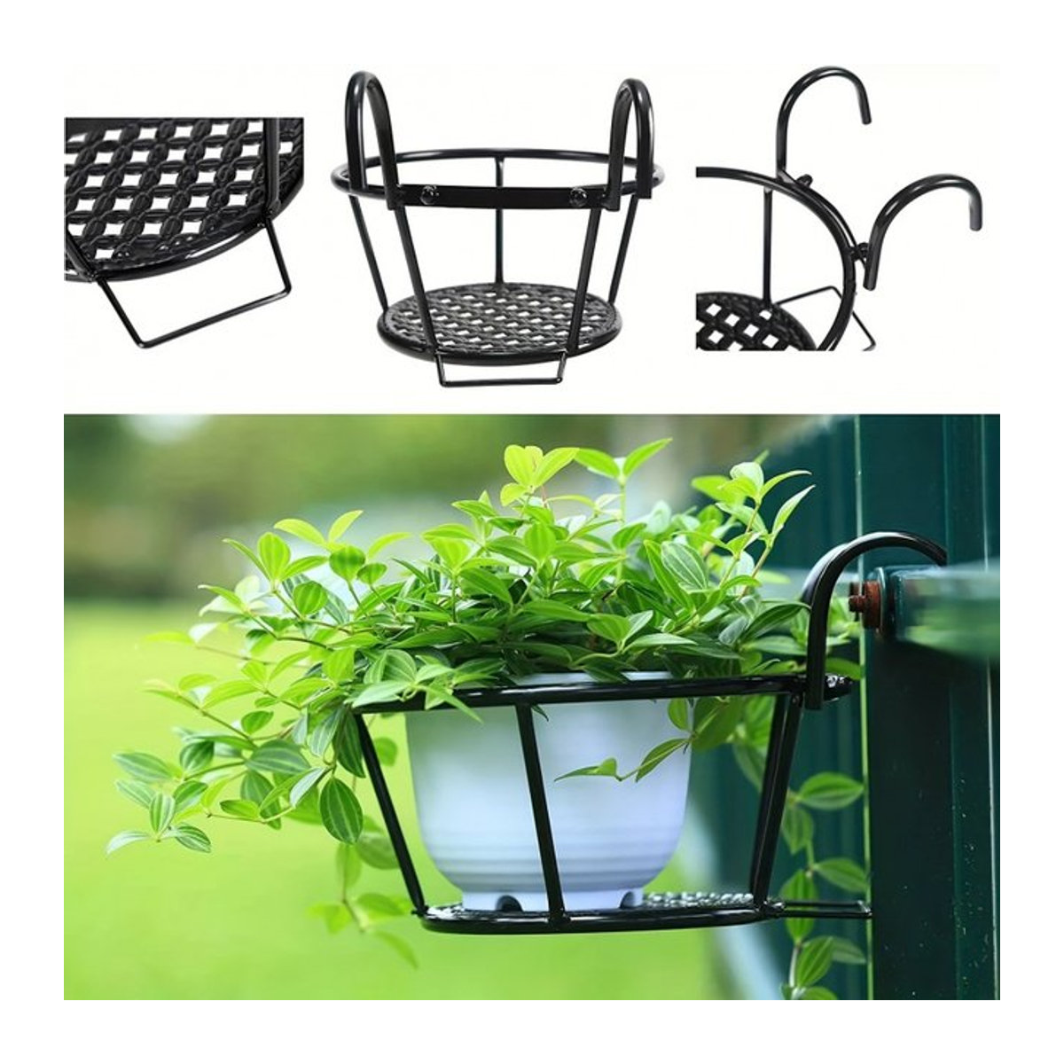 Set aus 3 schwarzen Blumenampeln aus Schmiedeeisen für dein Balkongeländer - Bild 1