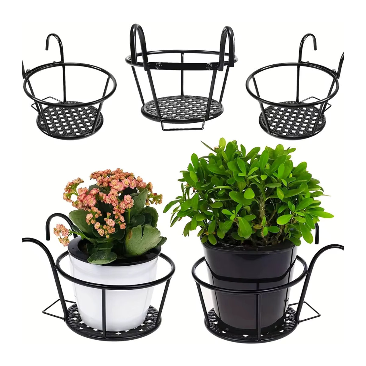Set aus 3 schwarzen Blumenampeln aus Schmiedeeisen für dein Balkongeländer - Bild 2