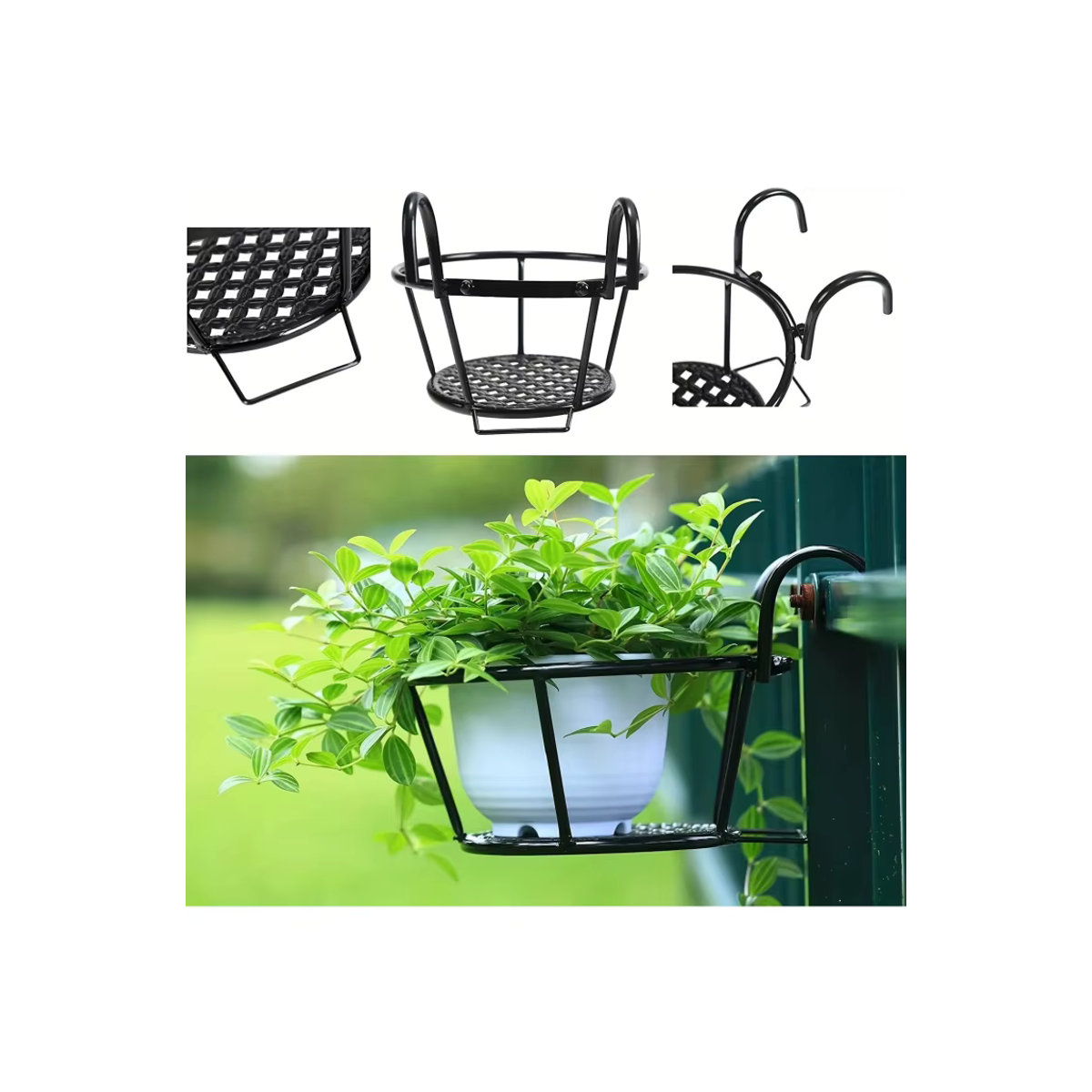 Set aus 3 schwarzen Blumenampeln aus Schmiedeeisen für dein Balkongeländer - Bild 6