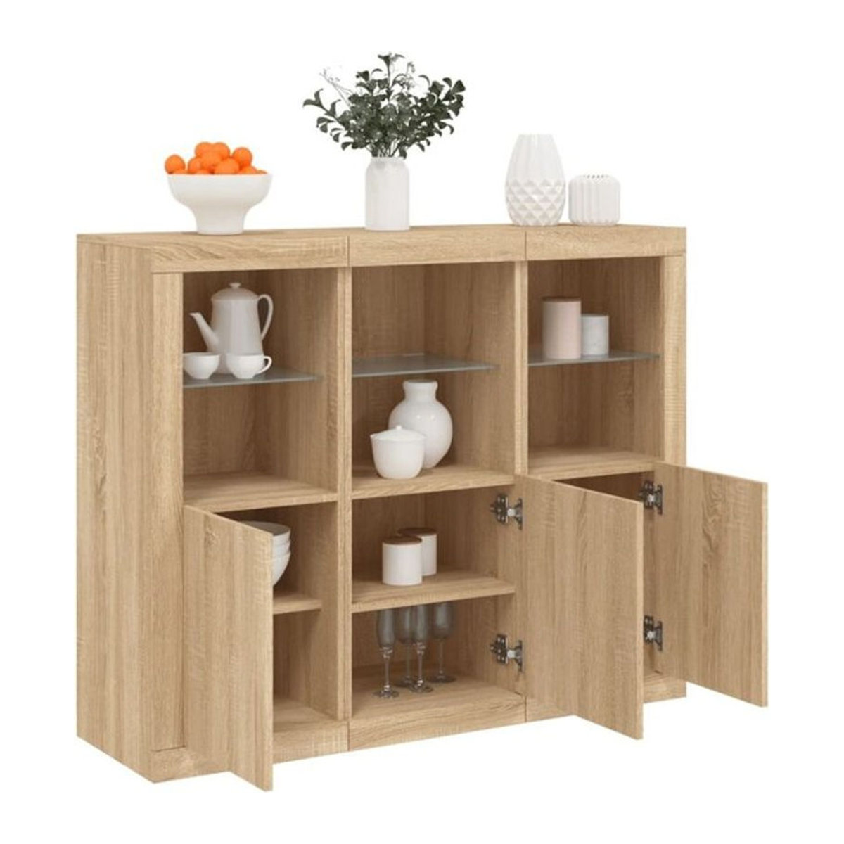 Set aus 3 Sideboards mit LED-Leuchten von vidaXL in Sonoma-Eiche Natur und Braun aus Holzwerkstoff mit Glaselementen im modernen Design - Bild 1