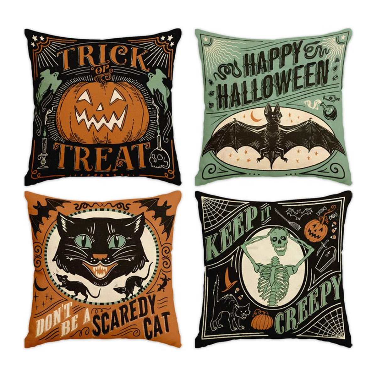 Set aus 4 Retro Halloween Kissenbezügen mit gruseliger Katze, Kürbiskopf und Totenkopf für deine Sofa-Dekoration - Bild 1