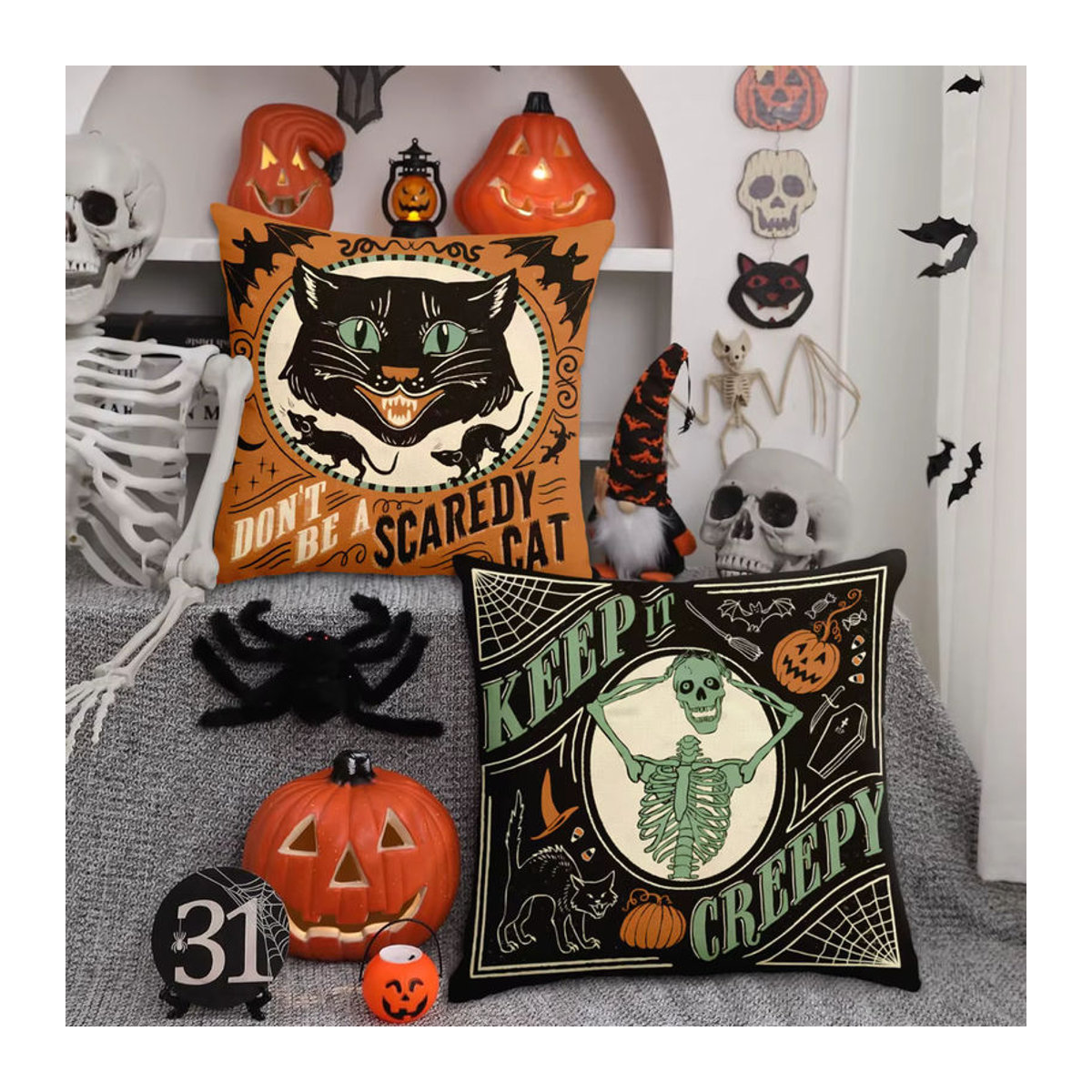 Set aus 4 Retro Halloween Kissenbezügen mit gruseliger Katze, Kürbiskopf und Totenkopf für deine Sofa-Dekoration - Bild 3