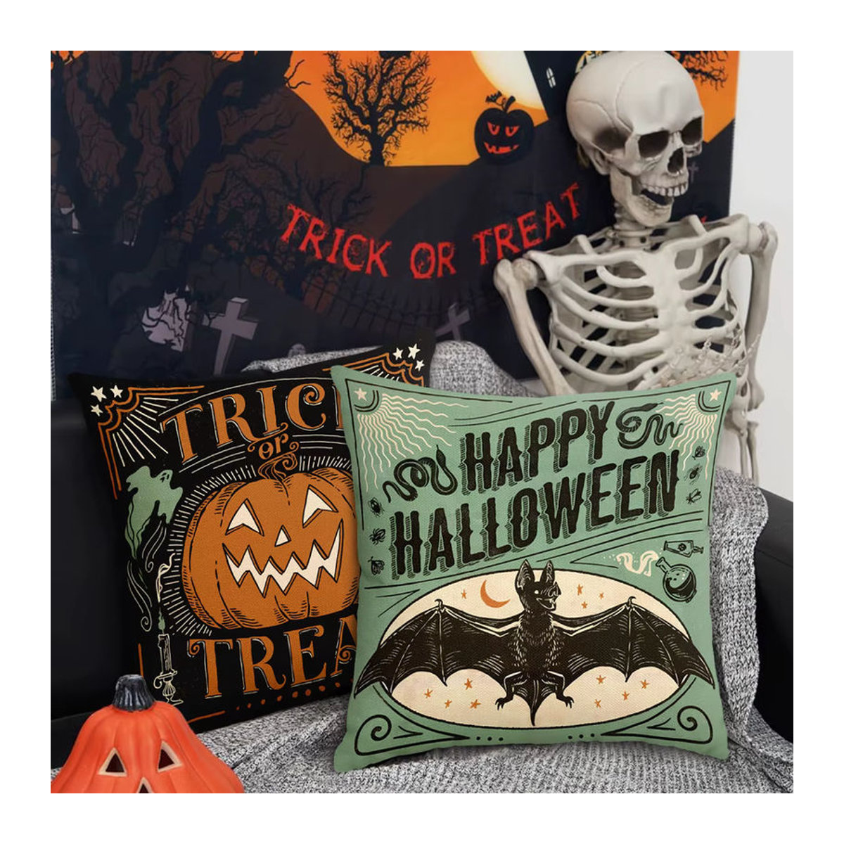 Set aus 4 Retro Halloween Kissenbezügen mit gruseliger Katze, Kürbiskopf und Totenkopf für deine Sofa-Dekoration - Bild 4