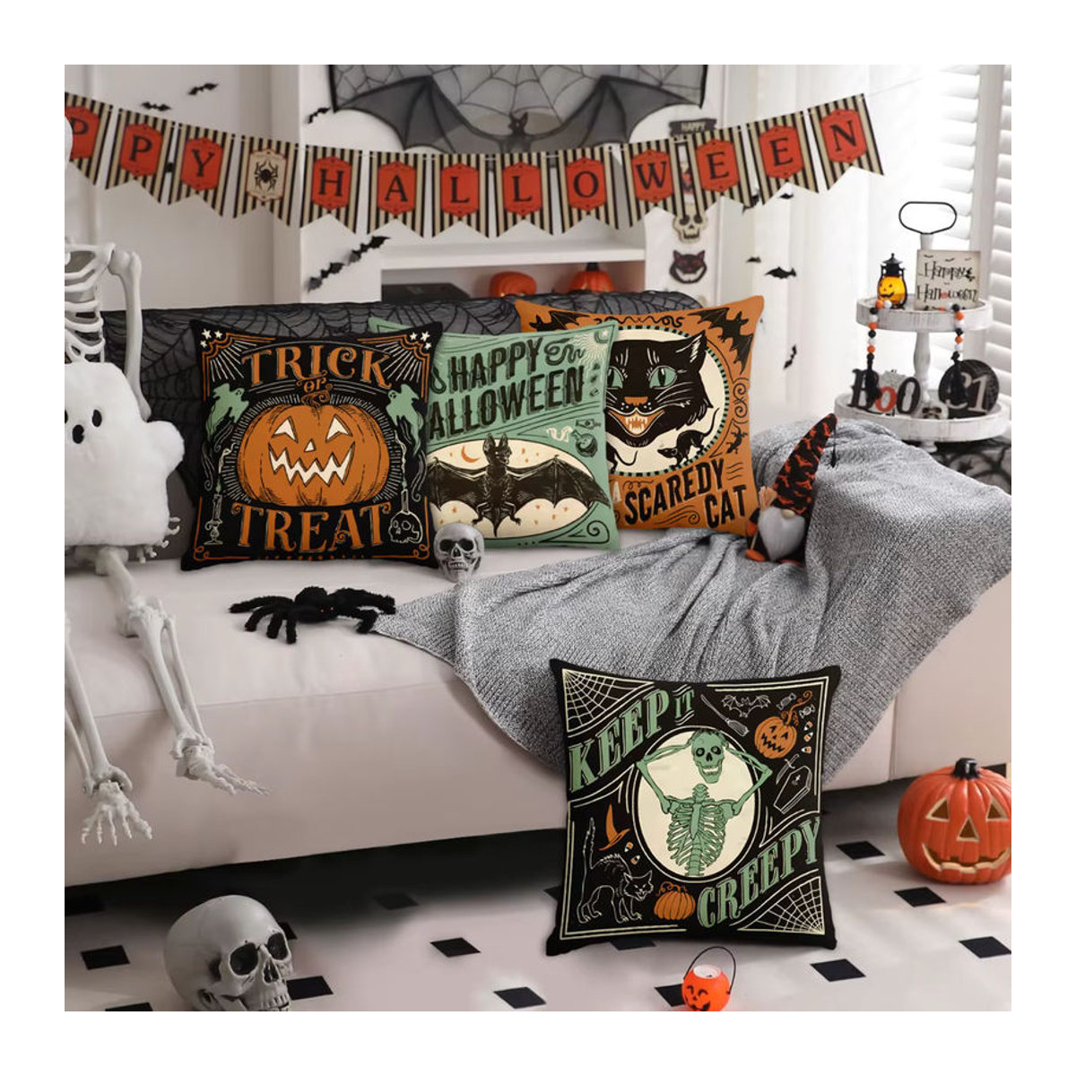 Set aus 4 Retro Halloween Kissenbezügen mit gruseliger Katze, Kürbiskopf und Totenkopf für deine Sofa-Dekoration - Bild 5