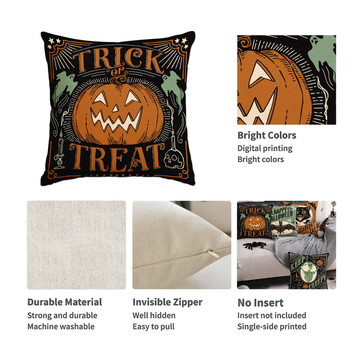 Set aus 4 Retro Halloween Kissenbezügen mit gruseliger Katze, Kürbiskopf und Totenkopf für deine Sofa-Dekoration - Bild 6