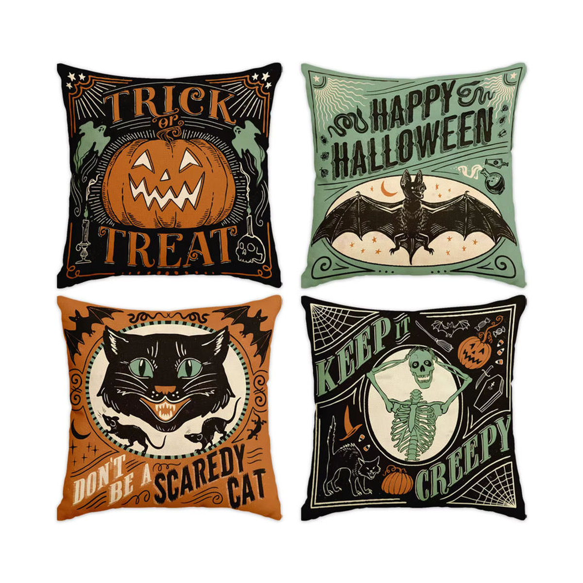 Set aus 4 Retro Halloween Kissenbezügen mit gruseliger Katze, Kürbiskopf und Totenkopf für deine Sofa-Dekoration - Bild 7