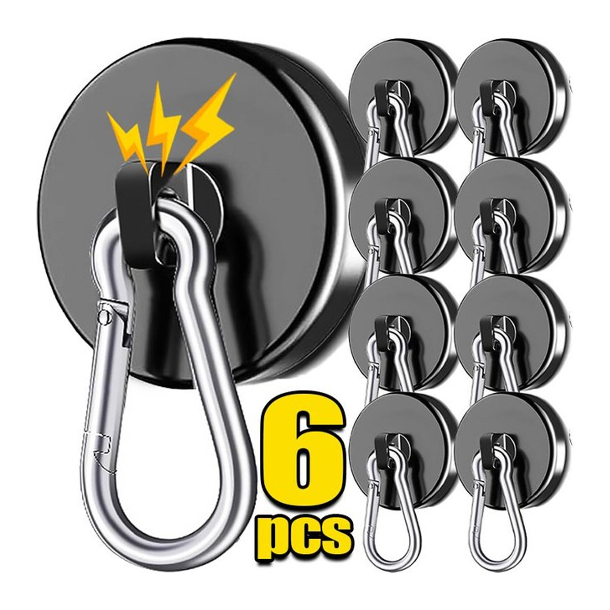 Set aus 6 magnetischen Haken in Schwarz mit 360 Grad drehbarer Karabinerschnalle im Industrial Design - Bild 1