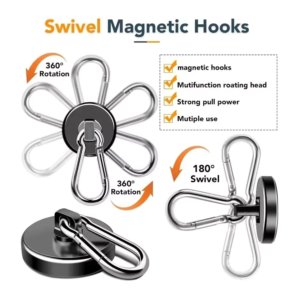 Set aus 6 magnetischen Haken in Schwarz mit 360 Grad drehbarer Karabinerschnalle im Industrial Design - Bild 3