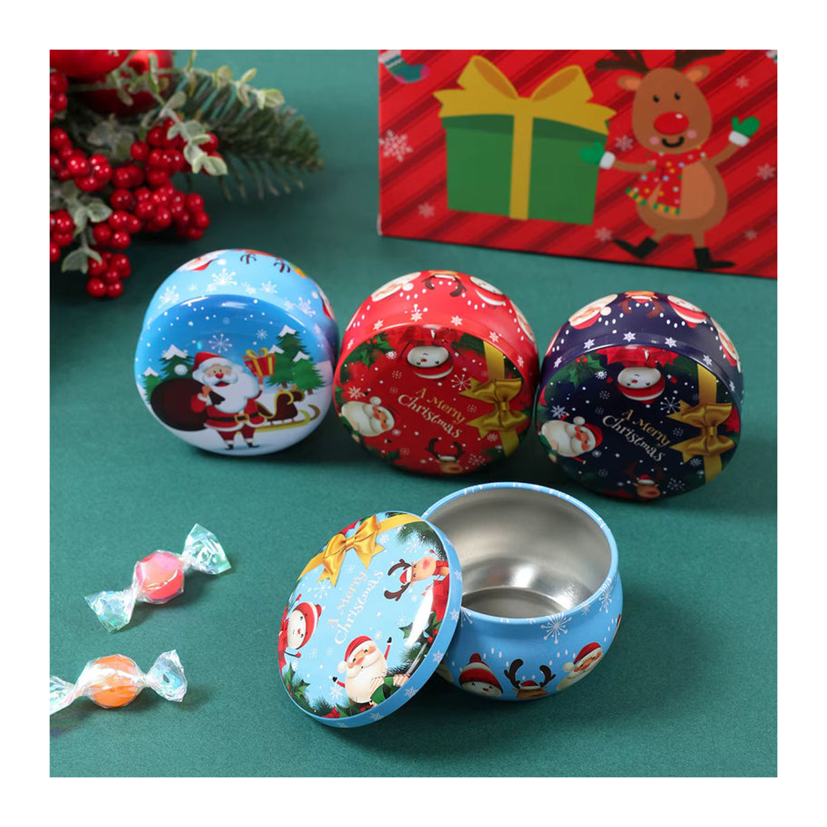 Set aus 6 oder 8 weihnachtlichen Metalldosen als Geschenkboxen für Süßigkeiten und Tee in Mehrfarbig - Bild 1