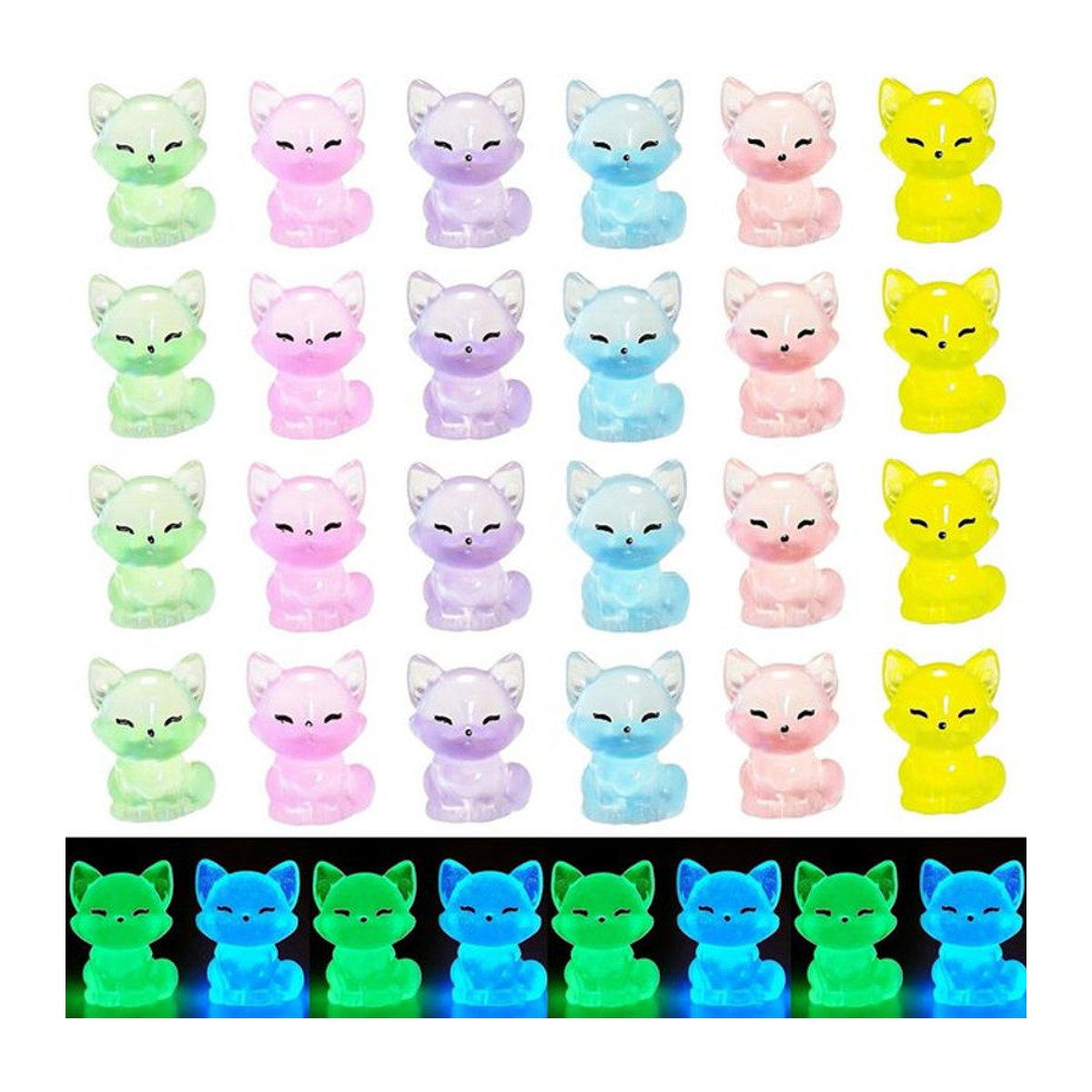 Set aus Mini Fuchs Figuren aus Kunstharz in Mehrfarbig mit Glow in the Dark Effekt für Mikro Landschaft und Garten Dekoration - Bild 1