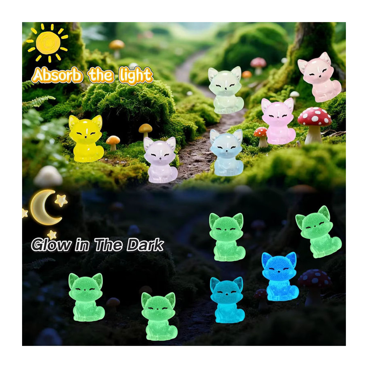 Set aus Mini Fuchs Figuren aus Kunstharz in Mehrfarbig mit Glow in the Dark Effekt für Mikro Landschaft und Garten Dekoration - Bild 3