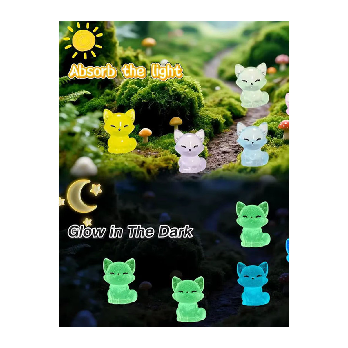 Set aus Mini Fuchs Figuren aus Kunstharz in Mehrfarbig mit Glow in the Dark Effekt für Mikro Landschaft und Garten Dekoration - Bild 5