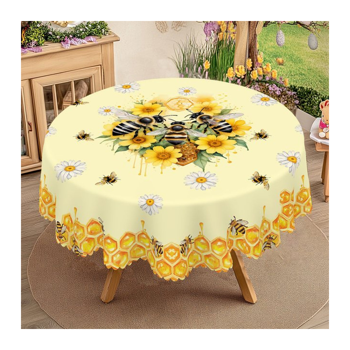 Set aus rechteckiger Tischdecke mit Bienen-Motiv und 4 passenden runden Tischsets mit Gänseblümchen- und Bienenwabenmuster, Gelb - Bild 1
