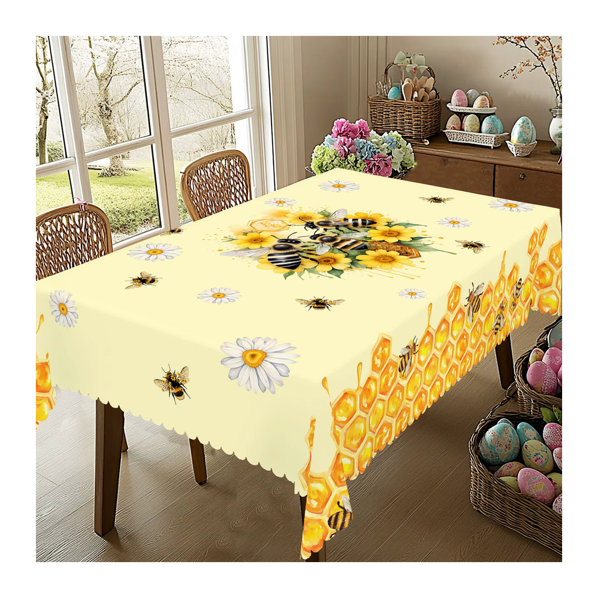 Set aus rechteckiger Tischdecke mit Bienen-Motiv und 4 passenden runden Tischsets mit Gänseblümchen- und Bienenwabenmuster, Gelb - Bild 2