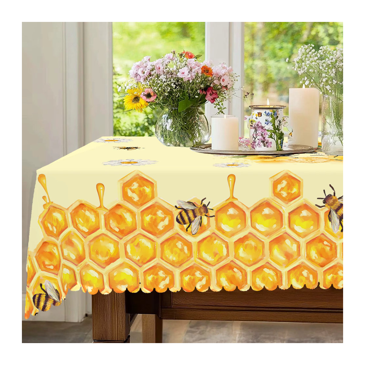 Set aus rechteckiger Tischdecke mit Bienen-Motiv und 4 passenden runden Tischsets mit Gänseblümchen- und Bienenwabenmuster, Gelb - Bild 3