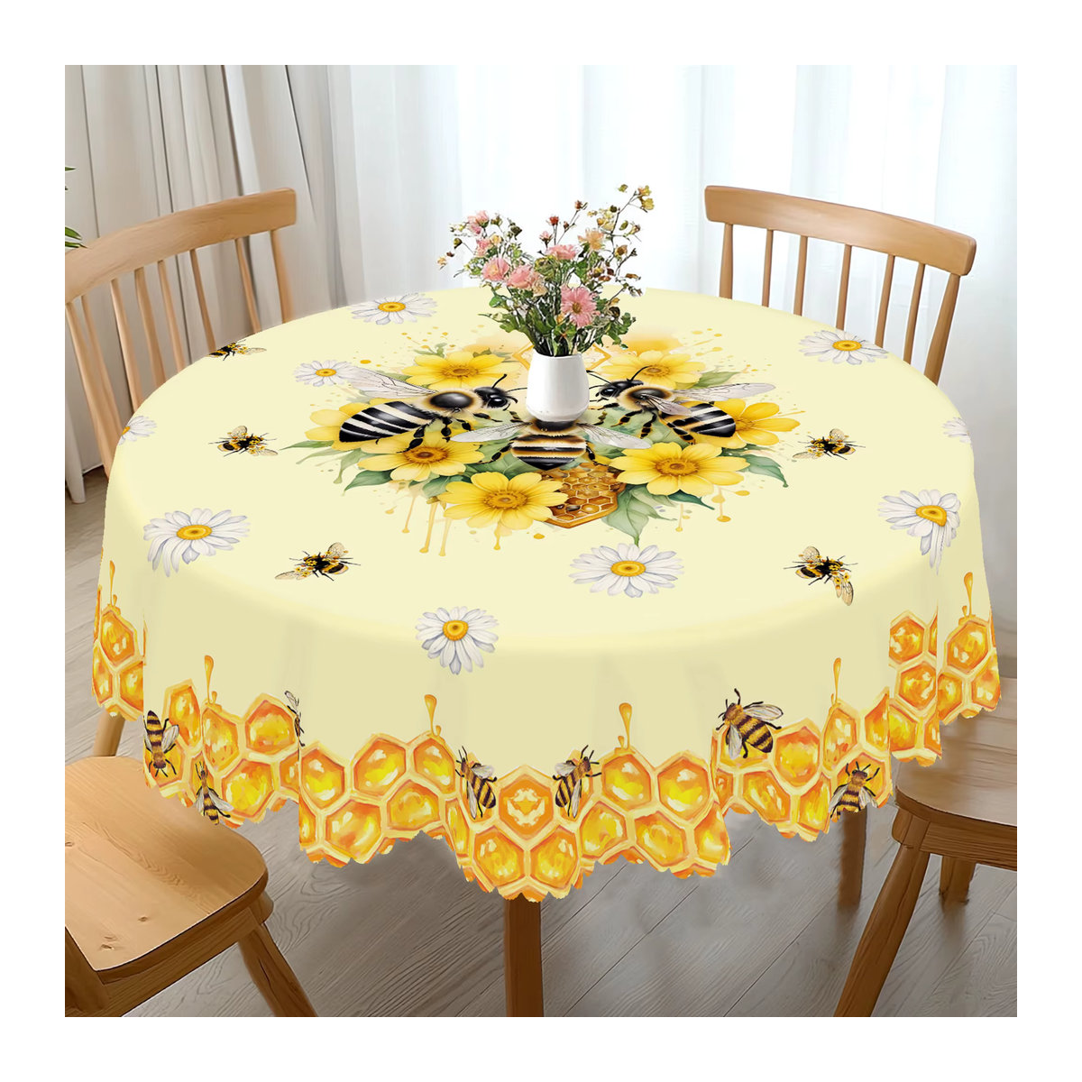 Set aus rechteckiger Tischdecke mit Bienen-Motiv und 4 passenden runden Tischsets mit Gänseblümchen- und Bienenwabenmuster, Gelb - Bild 4