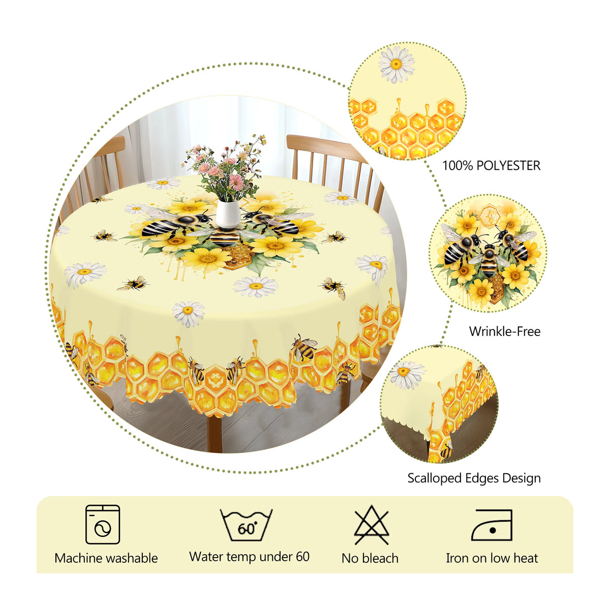 Set aus rechteckiger Tischdecke mit Bienen-Motiv und 4 passenden runden Tischsets mit Gänseblümchen- und Bienenwabenmuster, Gelb - Bild 5