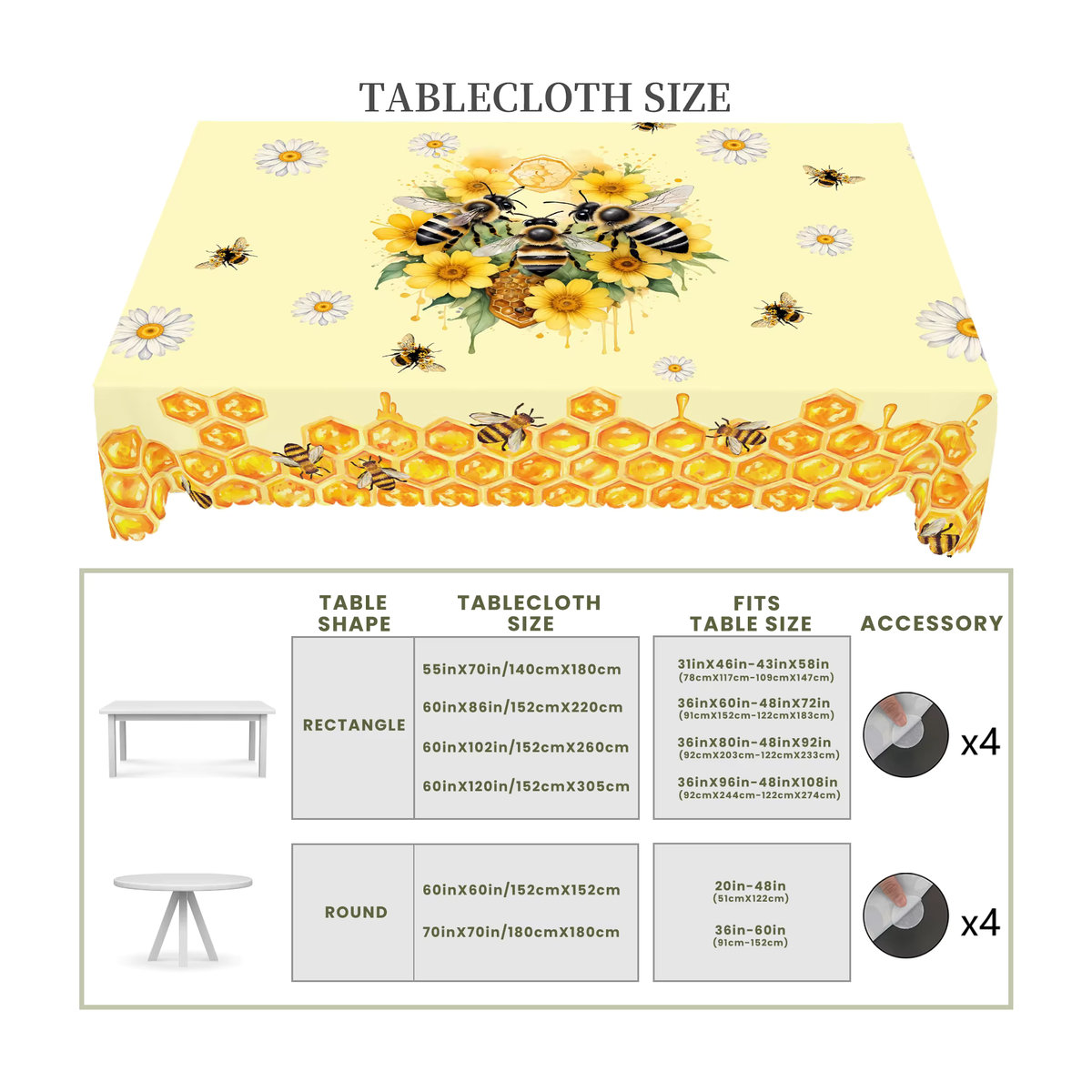 Set aus rechteckiger Tischdecke mit Bienen-Motiv und 4 passenden runden Tischsets mit Gänseblümchen- und Bienenwabenmuster, Gelb - Bild 6