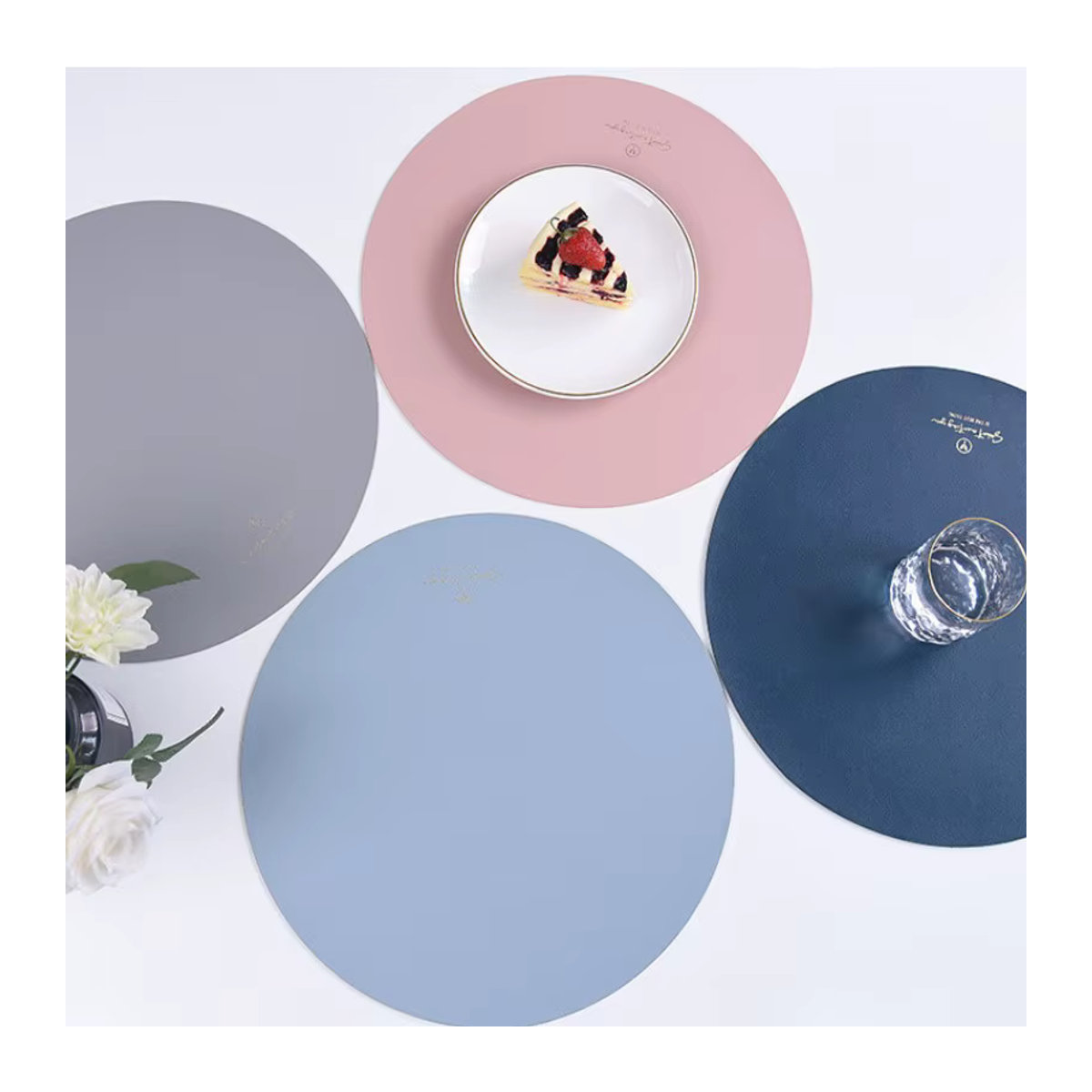 Set aus runden Tischsets und Untersetzern von inyahome aus PU-Leder, wasserdicht und ölbeständig, Blau und Grün, minimalistisches Design - Bild 4