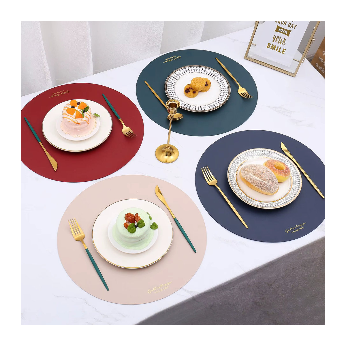 Set aus runden Tischsets und Untersetzern von inyahome aus PU-Leder, wasserdicht und ölbeständig, Blau und Grün, minimalistisches Design - Bild 5