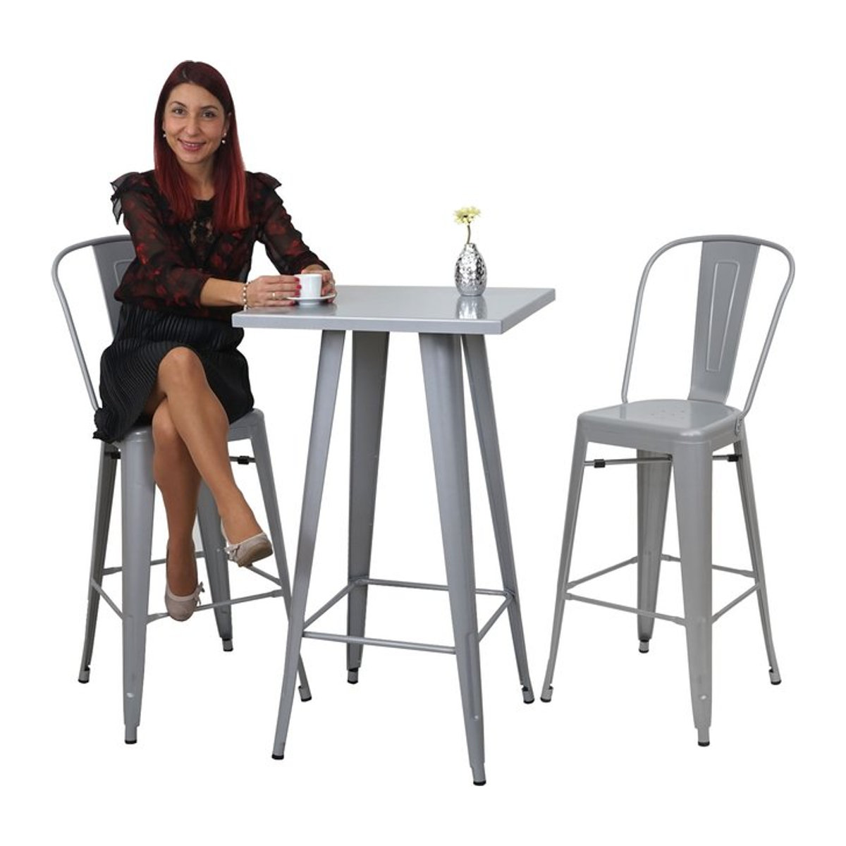 Set aus Stehtisch und 2 Barhockern MCW im grauen Industriedesign aus Metall - Bild 1