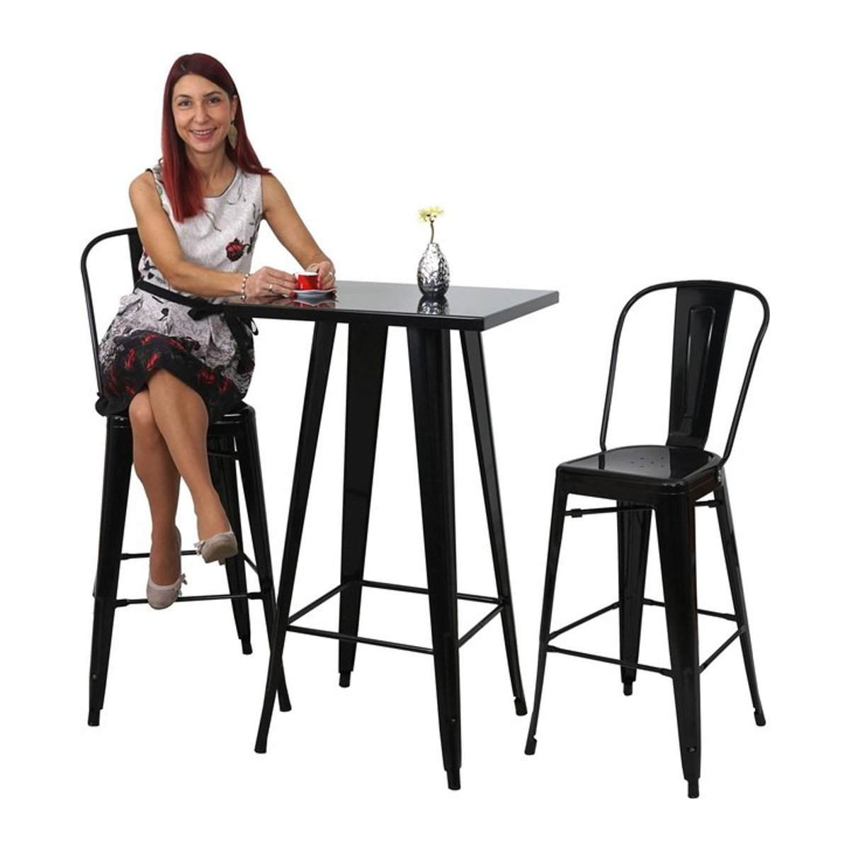 Set aus Stehtisch und 2 Barhockern MCW im Industrial Design aus Metall, Schwarz - Bild 1