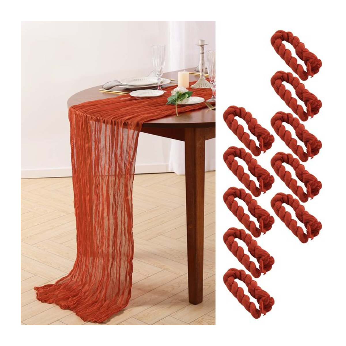 Set mit 10 Gaze-Tischläufern in Rostrot für Hochzeiten und Tischdekoration, B: 40 cm, L: 275 cm - Bild 1