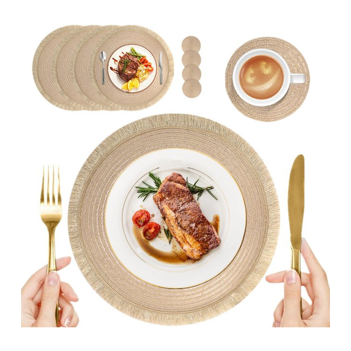 Set mit runden Tischsets aus PET-Gewebe im Boho-Stil mit Quasten, hitzebeständig und rutschfest, Farben: Gold und Beige - Bild 1