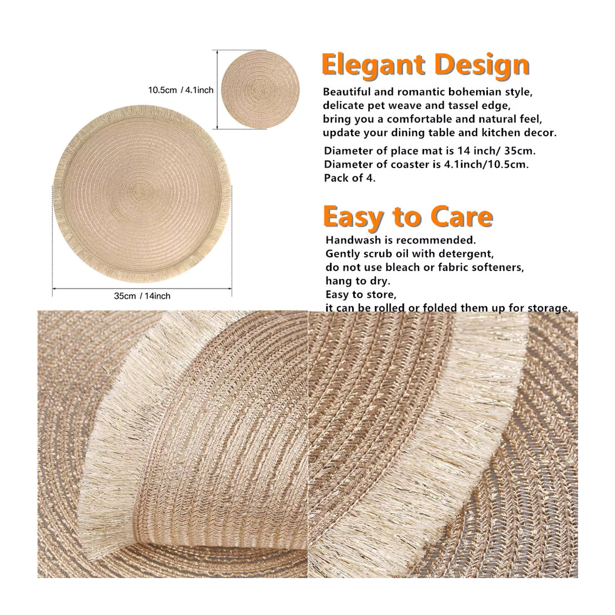 Set mit runden Tischsets aus PET-Gewebe im Boho-Stil mit Quasten, hitzebeständig und rutschfest, Farben: Gold und Beige - Bild 2