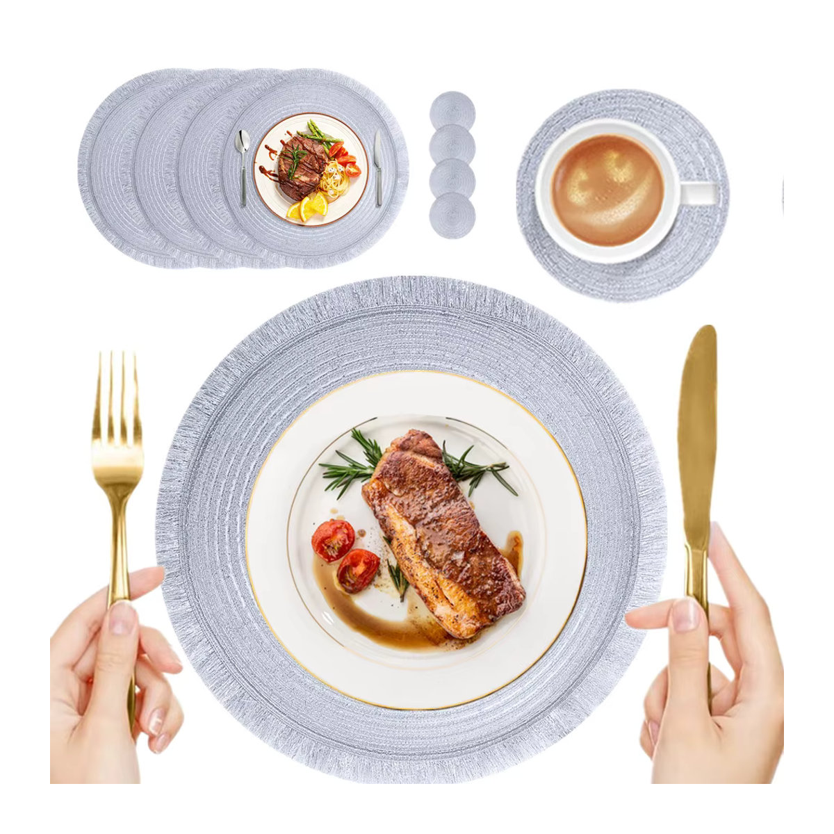 Set mit runden Tischsets aus PET-Gewebe im Boho-Stil mit Quasten, hitzebeständig und rutschfest, Farben: Gold und Beige - Bild 3