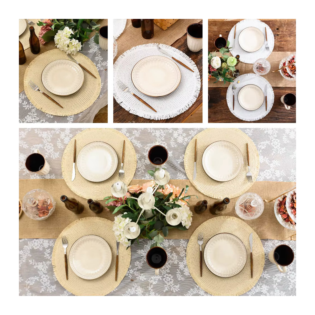 Set mit runden Tischsets aus PET-Gewebe im Boho-Stil mit Quasten, hitzebeständig und rutschfest, Farben: Gold und Beige - Bild 5
