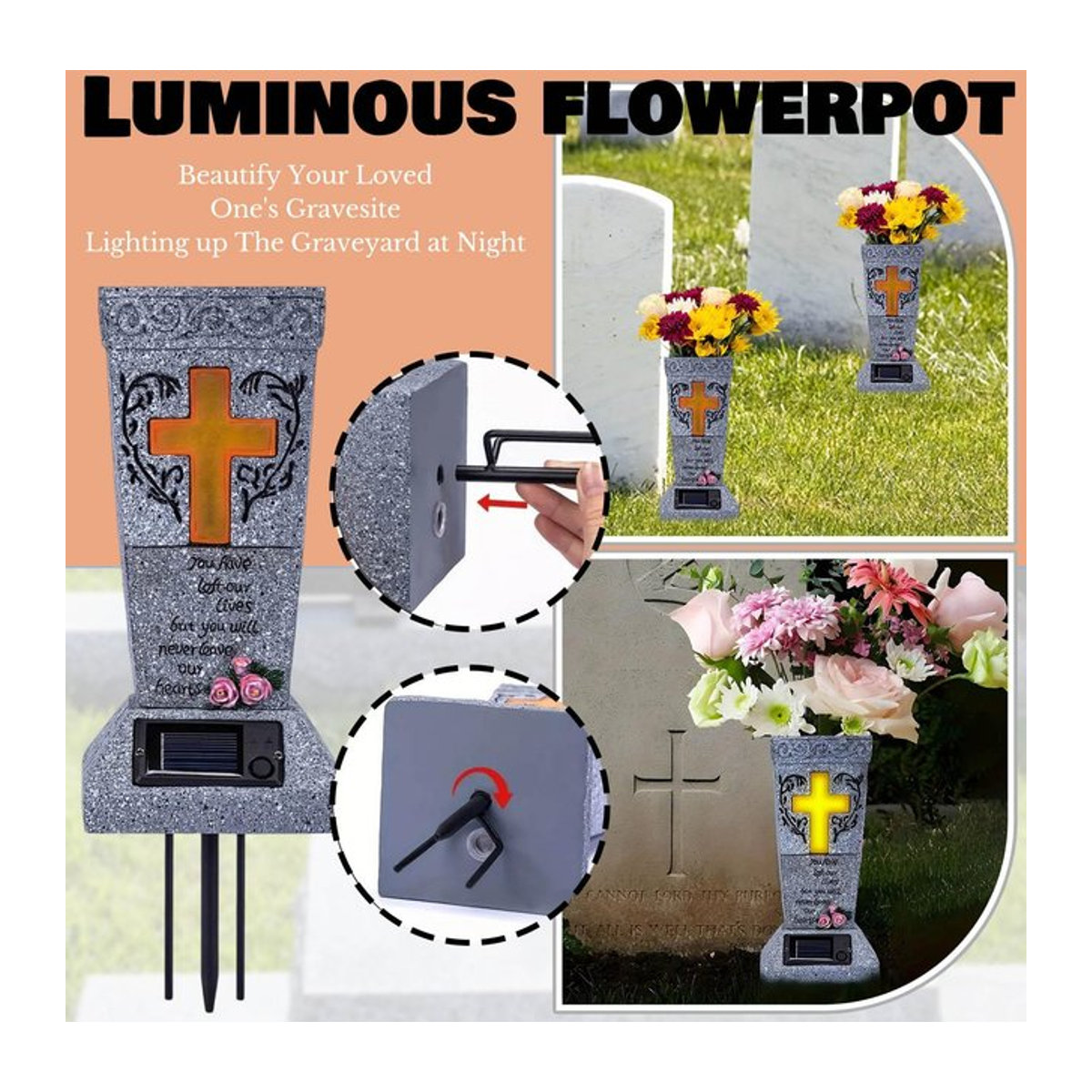 Sevenday Solar Friedhofs-Grabvase mit LED in Grau aus Kunstharz für frische oder künstliche Blumen - Bild 1